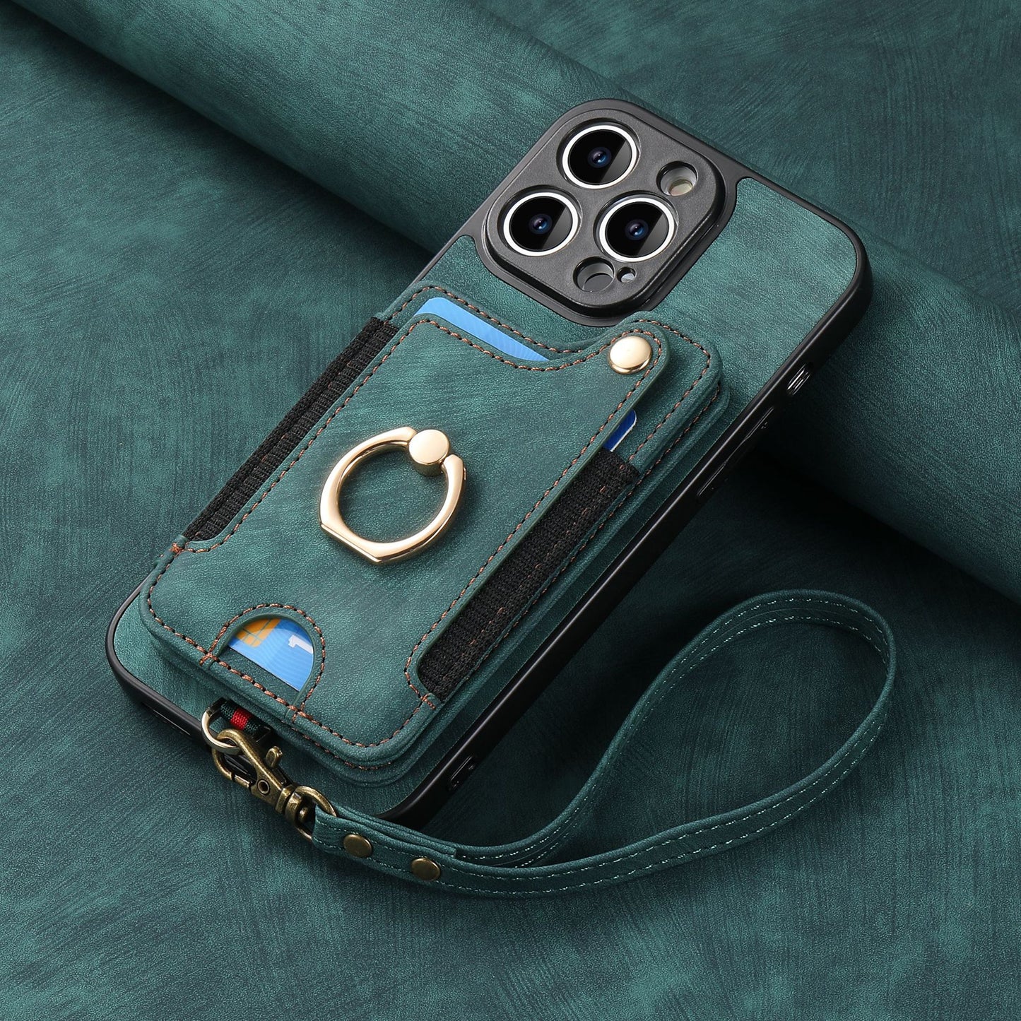 Leather RFID Anti-Theft Phone Case with Strap Compatible with iPhone 15 Pro Max Black Card Holder Loop Buckle V1188-MAGFD72-03690-57