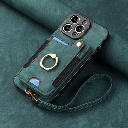 Leather RFID Anti-Theft Phone Case with Strap Compatible with iPhone 15 Pro Max Black Card Holder Loop Buckle V1188-MAGFD72-03690-57