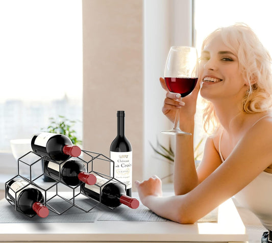 Small Freestanding Wine Rack for Countertop - Honeycomb Metal Wine Rack Stand for 9 Bottles, Black, Wine Rack V1188-MMAA-252