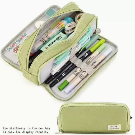 Large Capacity Pencil Case 3 Compartment Pouch Pen Bag for School Teen Girl Boy Men Women (Green) V1188-MS-210-035