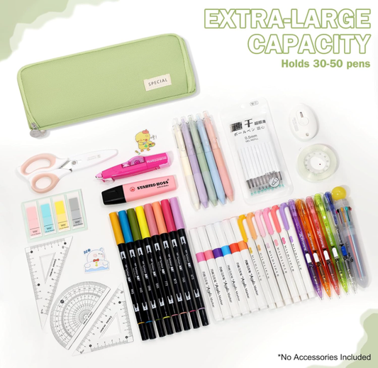 Large Capacity Pencil Case 3 Compartment Pouch Pen Bag for School Teen Girl Boy Men Women (Green) V1188-MS-210-035