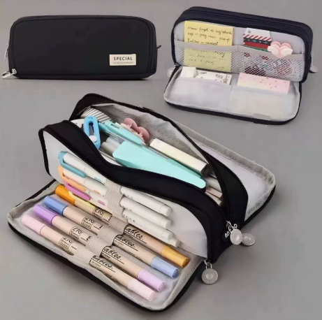 Large Capacity Pencil Case 3 Compartment Pouch Pen Bag for School Teen Girl Boy Men Women (Black) V1188-MS-210-036