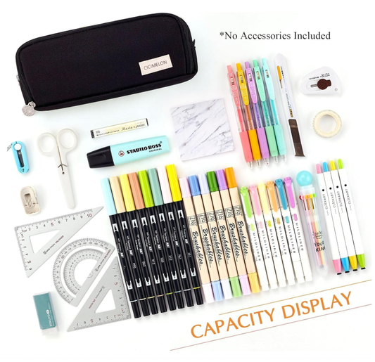 Large Capacity Pencil Case 3 Compartment Pouch Pen Bag for School Teen Girl Boy Men Women (Black) V1188-MS-210-036