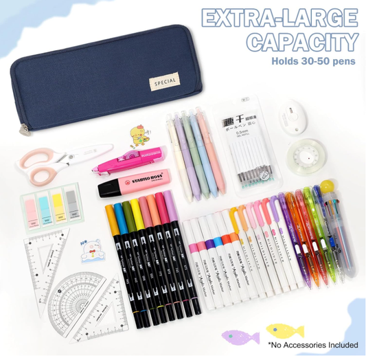 Large Capacity Pencil Case 3 Compartment Pouch Pen Bag for School Teen Girl Boy Men Women (Navy) V1188-MS-210-037