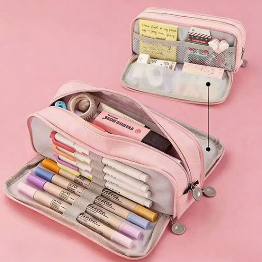 Large Capacity Pencil Case 3 Compartment Pouch Pen Bag for School Teen Girl Boy Men Women (Pink) V1188-MS-210-038