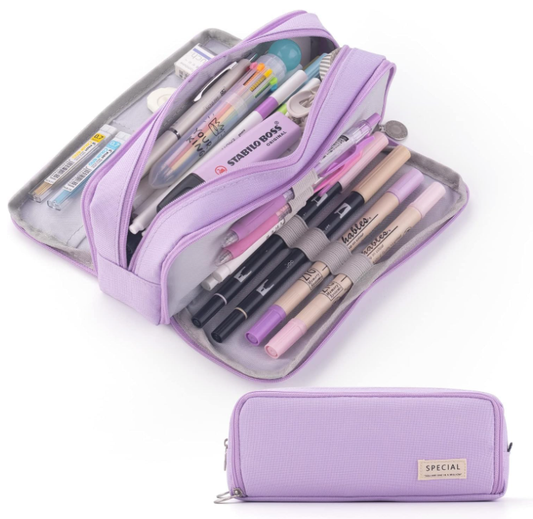 Large Capacity Pencil Case 3 Compartment Pouch Pen Bag for School Teen Girl Boy Men Women (Purple) V1188-MS-210-039