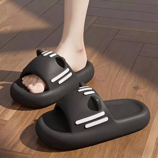 Women's Slides Cute Bathroom Slippers Non-Slip Cartoon Cat Shaped Indoor Outdoor Summer Slippers(black, 40-41) V1188-MS-210-049