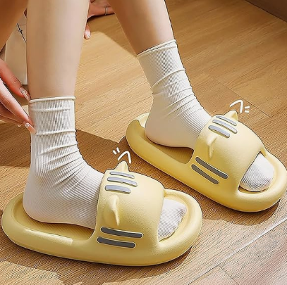Women's Slides Cute Bathroom Slippers Non-Slip Cartoon Cat Shaped Indoor Outdoor Summer Slippers(black, 40-41) V1188-MS-210-049