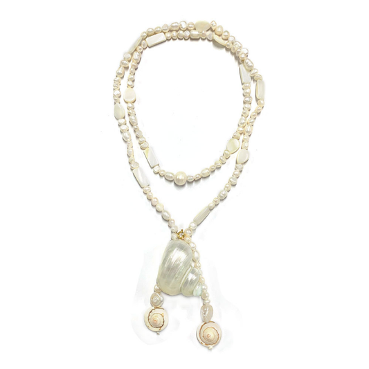 90cm vintage-style pearl and white conch pendant necklace, lightweight jewelry, women's style V1188-MS-210-054