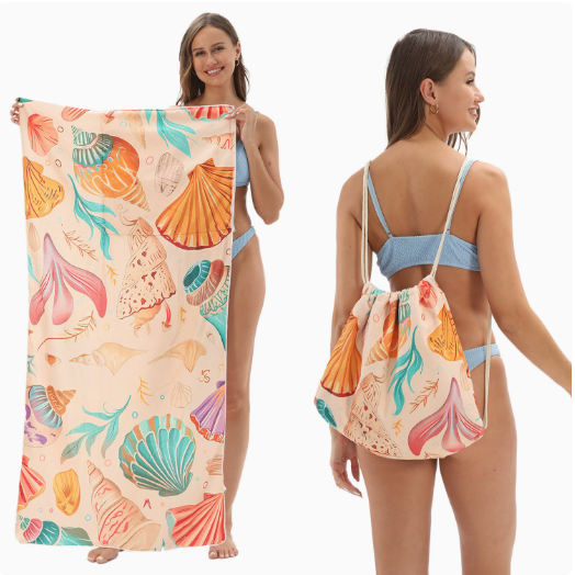 2-in-1 Foldable Beach Towel Backpack - Printed Bath Towel with Built-in Storage, Convertible Beach Mat & V1188-MS-210-059