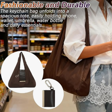 Keychain Tote Bag Compact & Expandable for On the Go, Foldable Tote Bag with Key Ring for Daily Errands - Red V1188-MS-210-062