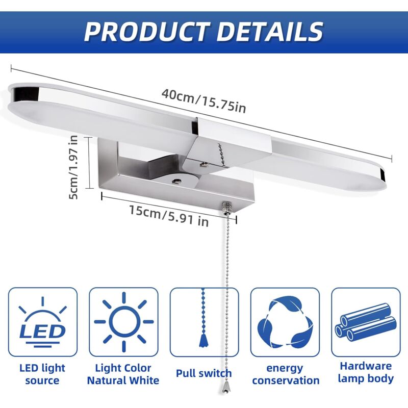 LED Bathroom Mirror Light 40Cm LED Mirror Light Wall Lamp Bathroom Mirror Light With Pull Switch 3000K 920Lm V1188-MS-227-0033