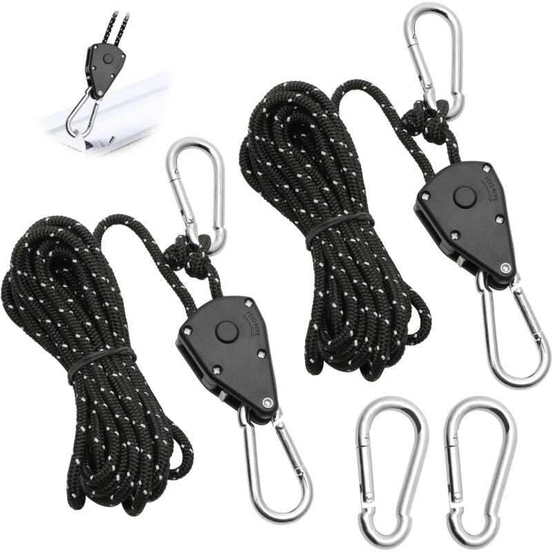 2 Pieces 4M Adjustable Ratchet ROpe, 1/8 Black Ratchet Pulley With 2 Replacement Hooks, Reflective Ratchet V1188-MS-227-0075