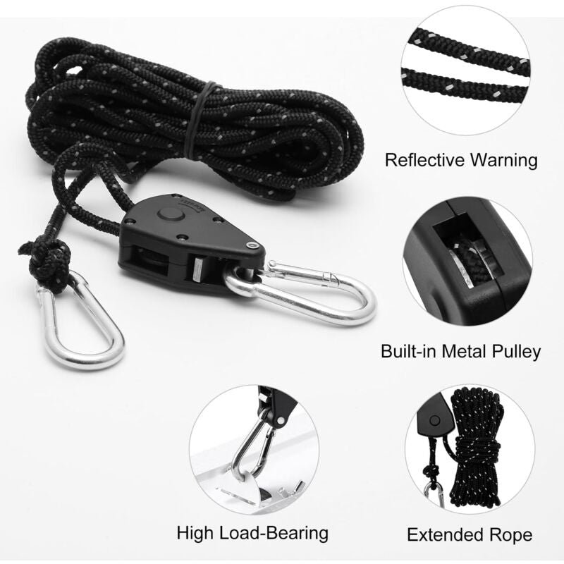 2 Pieces 4M Adjustable Ratchet ROpe, 1/8 Black Ratchet Pulley With 2 Replacement Hooks, Reflective Ratchet V1188-MS-227-0075