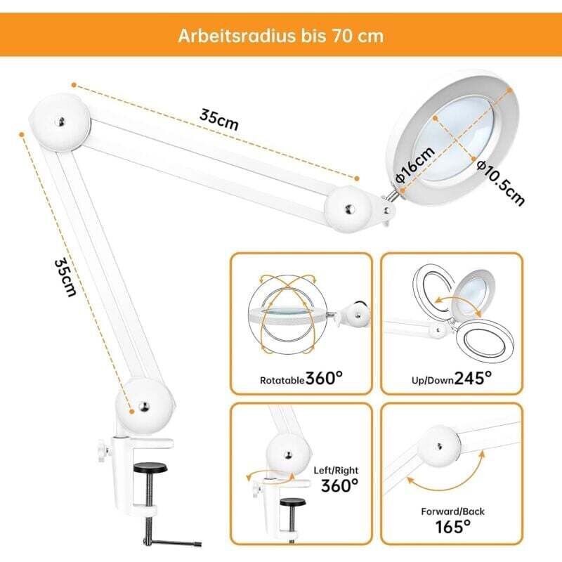 Magnifying Lamp, Work Light - With 105Mm 5 Diopter Glass Lens, Metal Clamp, Swivel Arm, 3 Color Mode Dimmable V1188-MS-227-0104