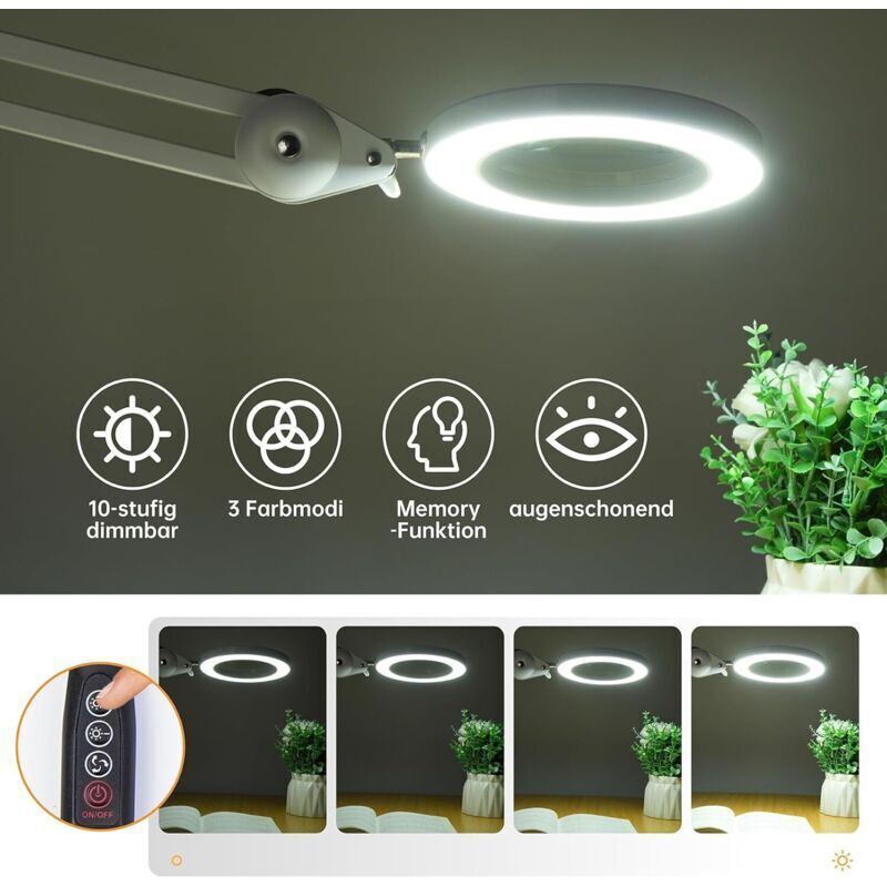 Magnifying Lamp, Work Light - With 105Mm 5 Diopter Glass Lens, Metal Clamp, Swivel Arm, 3 Color Mode Dimmable V1188-MS-227-0104