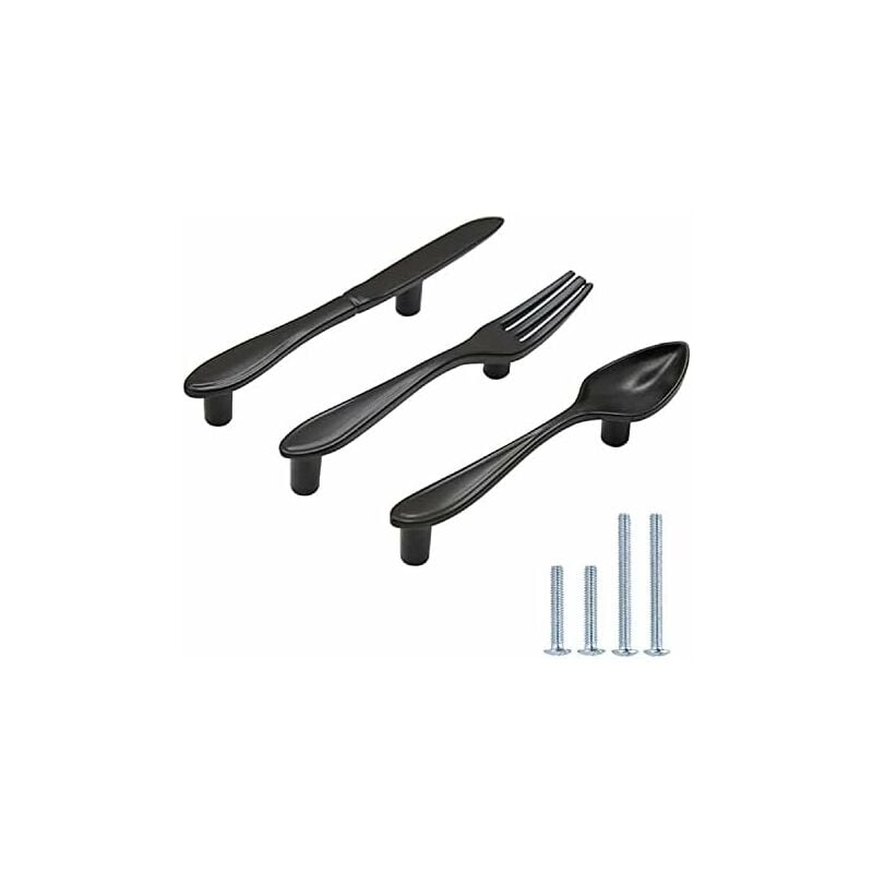 3 Pack Knife Spoon Fork Shape Cabinet Pulls Door Handles Hole Center 3" Matte Black V1188-MS-227-0177