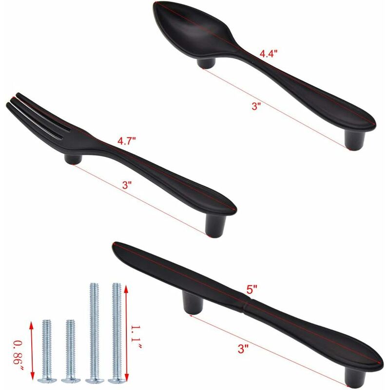 3 Pack Knife Spoon Fork Shape Cabinet Pulls Door Handles Hole Center 3" Matte Black V1188-MS-227-0177
