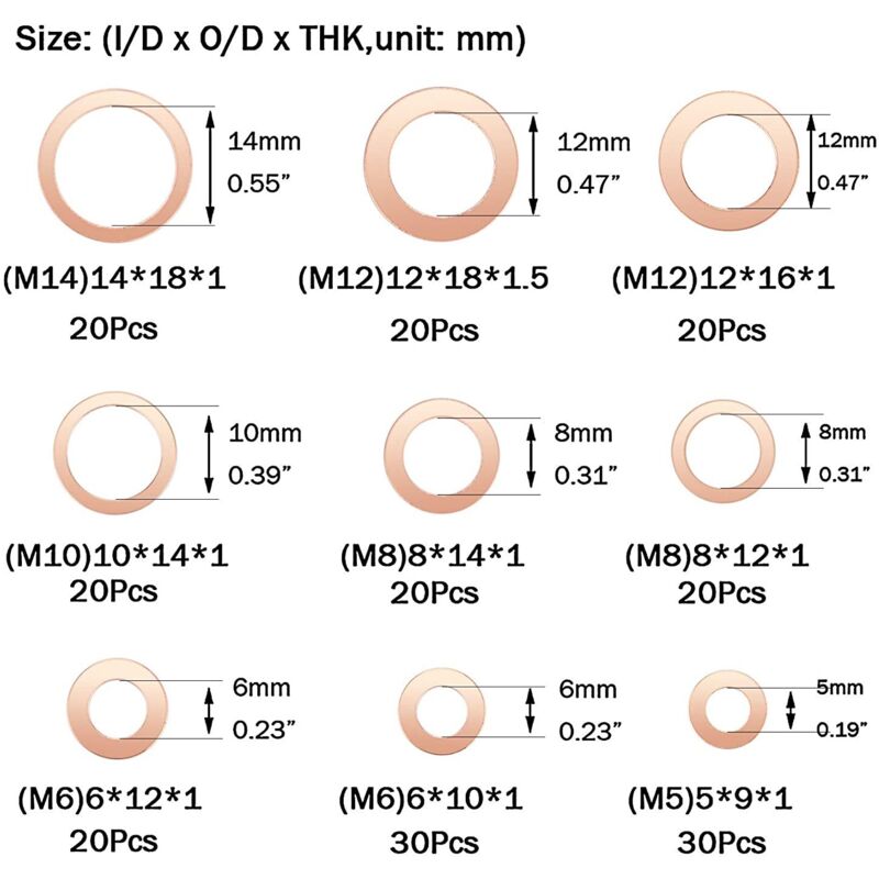 Copper Metal Washers, Gaskets Sealing Ring, Flat Washers, O-Ring With Box For Sealing - 200 pcs/M5 M6 M8 M10 V1188-MS-227-0198