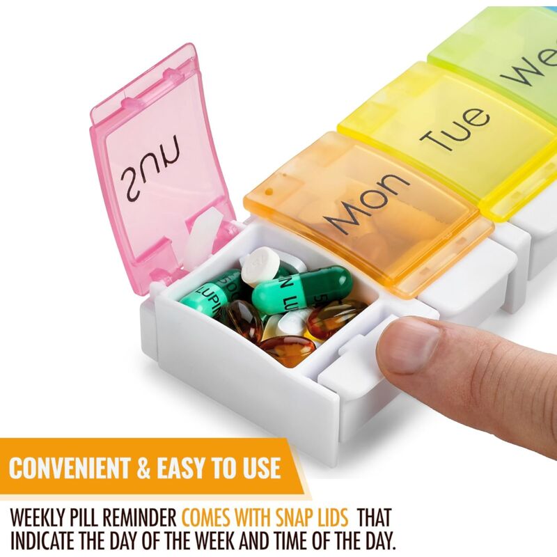 Weekly Pill Organizer - Travel Medicine Box With Push Button Large Compartments, Organizer For Tablets V1188-MS-227-0286