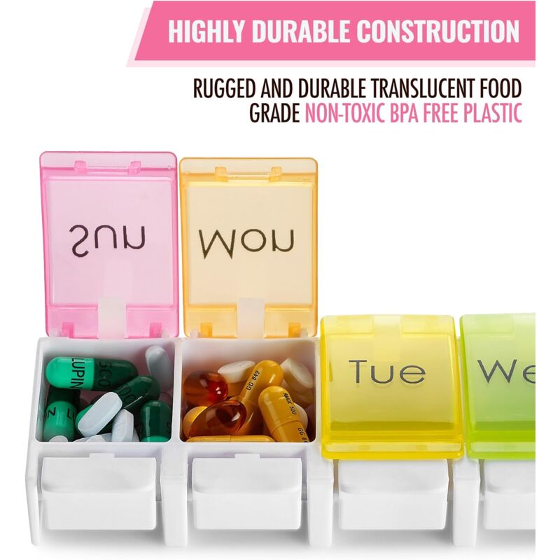 Weekly Pill Organizer - Travel Medicine Box With Push Button Large Compartments, Organizer For Tablets V1188-MS-227-0286