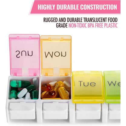 Weekly Pill Organizer - Travel Medicine Box With Push Button Large Compartments, Organizer For Tablets V1188-MS-227-0286