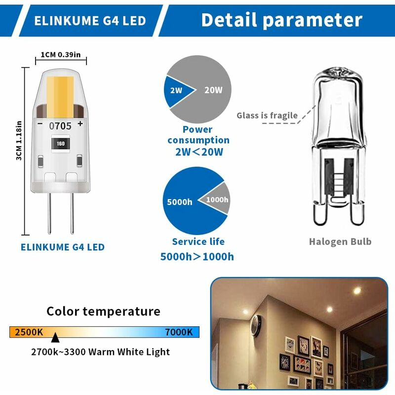 LED G4 Dimmable Light Bulbs,3W Equivalent 30W Halogen Lamp,95Lm Warm White Energy Saving Bulb,No Flicker,Dc V1188-MS-227-0301