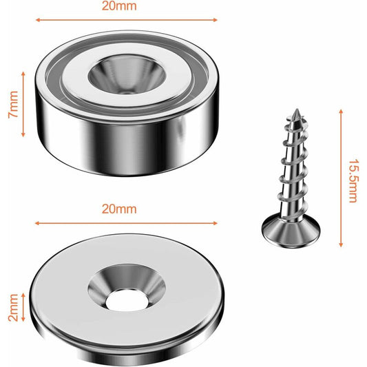 12 pcs Neodymium Magnets 10Kg Force 20 X 7Mm With Hole And Capsule, Countersunk Pot Magnet With Screws And 12 V1188-MS-227-0359