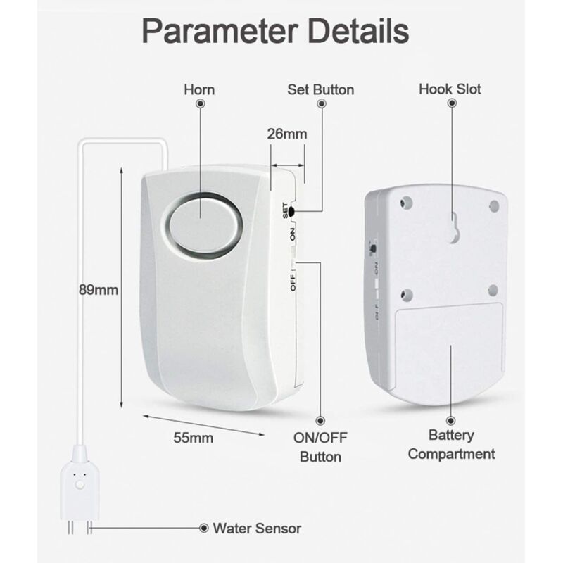 Water Leak Alarm 130Db, 95Cm Long Cable With Sensor, Home Security Water Leak Detection Alarm, Battery V1188-MS-227-0419