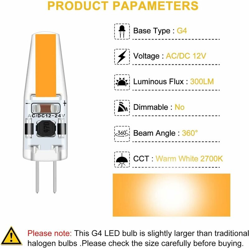 G4 LED 3W 12V Ac/Dc Light Bulbs, G4 3W LED Bulbs Equivalent To 30W Halogen Bulb, 300Lm, Warm White 2700K, V1188-MS-227-0420