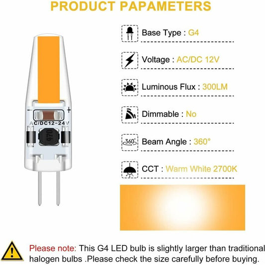 G4 LED 3W 12V Ac/Dc Light Bulbs, G4 3W LED Bulbs Equivalent To 30W Halogen Bulb, 300Lm, Warm White 2700K, V1188-MS-227-0420