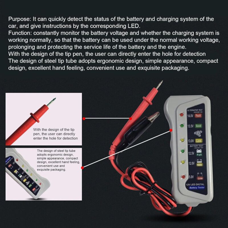 Car Battery Tester,High Accuracy LED Light 6V 12V Auto Battery Analyzer - Voltage Testers With Ergonomic V1188-MS-227-0425