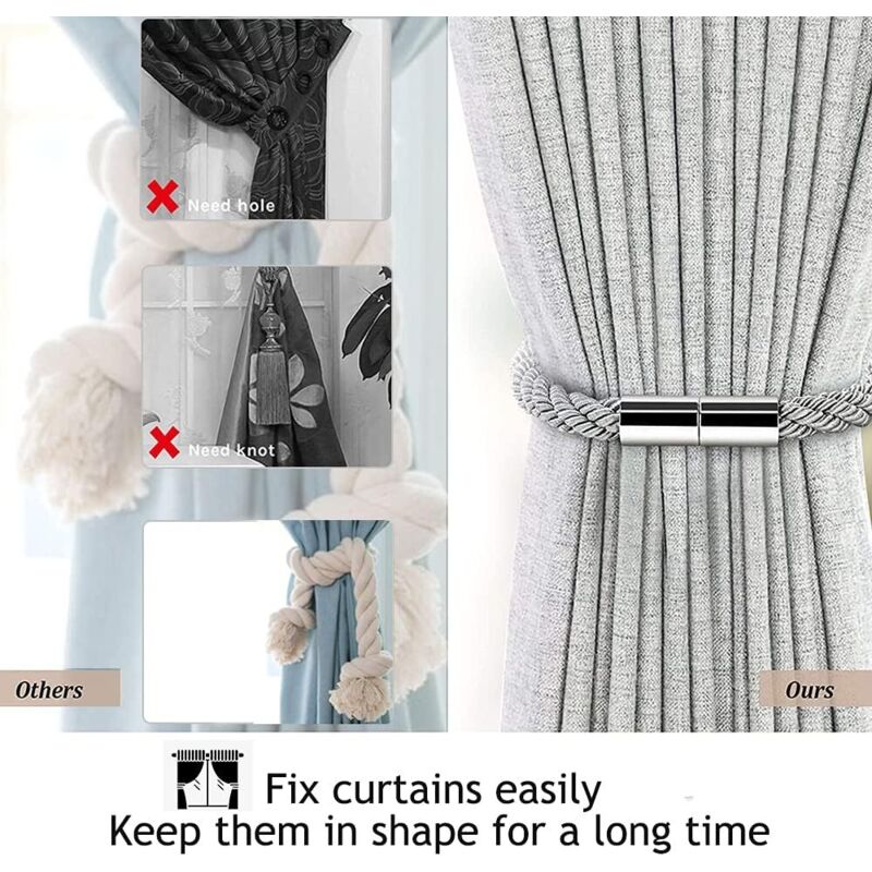 Magnetic Curtain Tiebacks, 2 Pack Modern Simplicity Curtain ROpe Tiebacks With Strong Magnet, Braided ROpe V1188-MS-227-0447