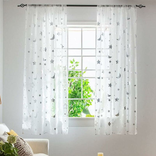 1M Long Semi Sheer Window Curtains For Girls ROom Bedroom Cute Moon And Stars Pattern Tulle Sheer Curtains 2 V1188-MS-227-0465