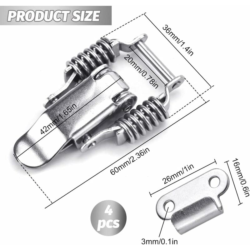 4 pcs Stainless Steel Spring Loaded Lever Latch Tension Lock Toggle Latch Tension Lock Box Lock For Suitcase V1188-MS-227-0471