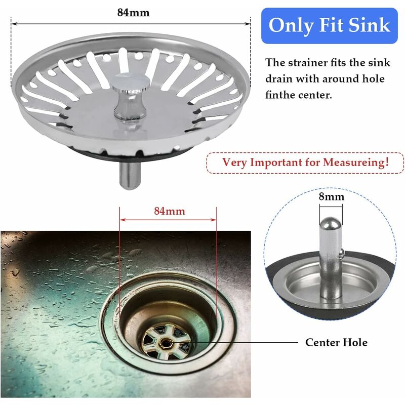 2 Pack Sink Strainer Plug, 84Mm Sink Drain Plug Replacement, Stainless Steel Sink Filter Stopper For Kitchen V1188-MS-227-0515