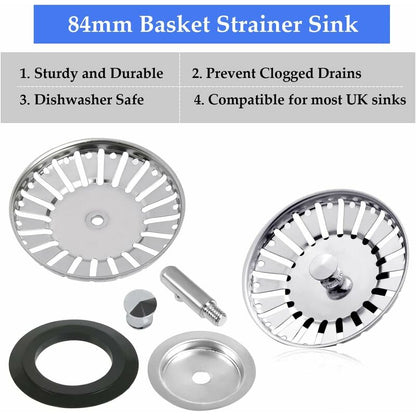 2 Pack Sink Strainer Plug, 84Mm Sink Drain Plug Replacement, Stainless Steel Sink Filter Stopper For Kitchen V1188-MS-227-0515