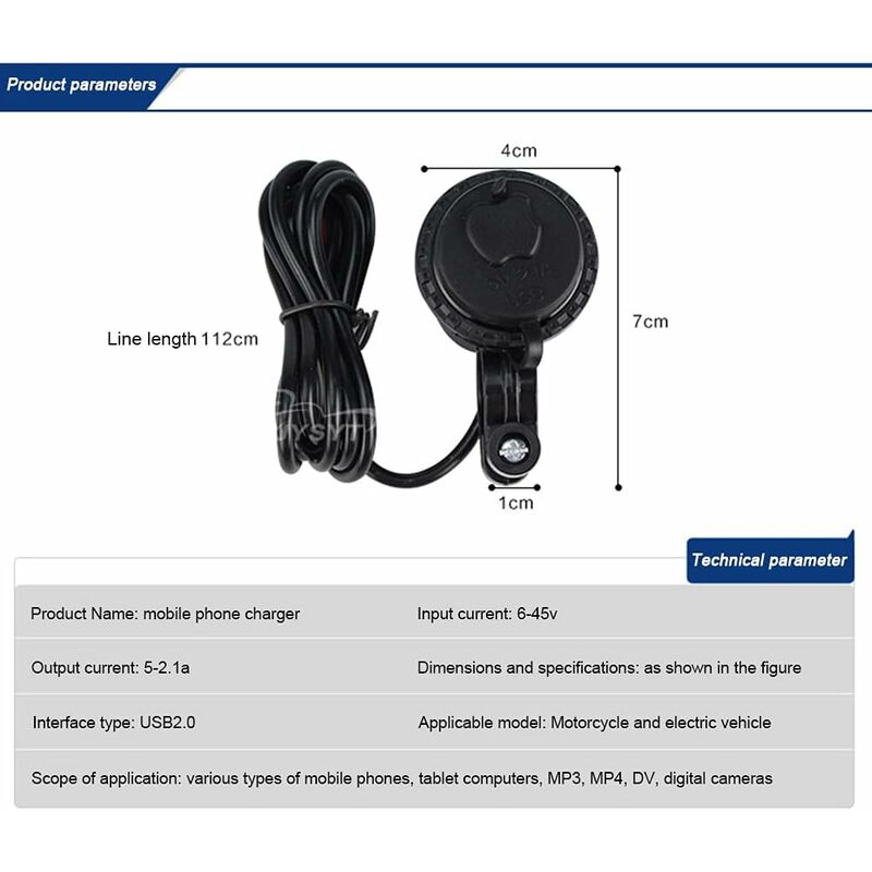 Motorcycle Usb Car Charger, 5V/2.1A Waterproof Motorcycle Usb Charger Socket With On/Off Switch Handlebar V1188-MS-227-0540