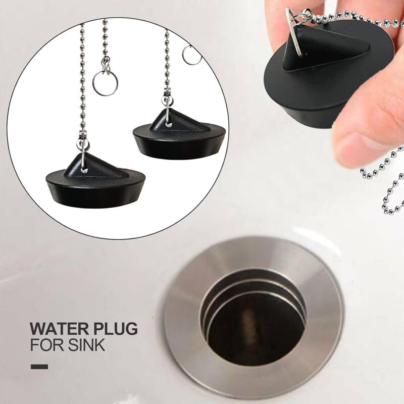 2 Pieces Rubber Sink Plug With Ball Chain Stopper, Universal Stainless Steel Sink Plug With Hook For Kitchen V1188-MS-227-0553