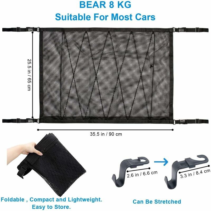 Car Storage Net 90Cmx65Cm, Multifunctional Organizer With Zipper With 2 Car Seat Hooks, Camping Car Storage V1188-MS-227-0569