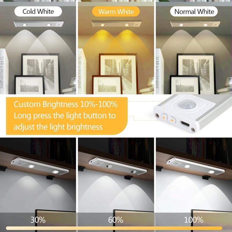 2 pcs Wireless LED Closet Lights, Dimmable Under Cabinet Lights, Motion Sensor, 3 Lighting Modes, Closet V1188-MS-227-0582