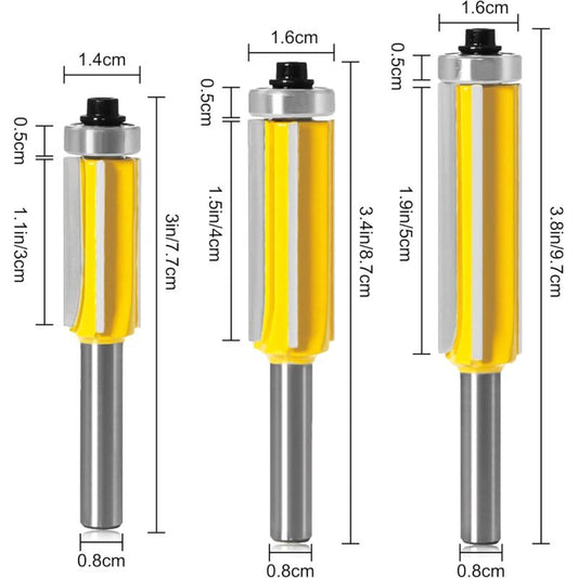 3 pcs ROuter Bit, 4 Flute Shank Copy Cutter With Top Bearing Straight Flush Trim Bit Carbide Woodworking V1188-MS-227-0624
