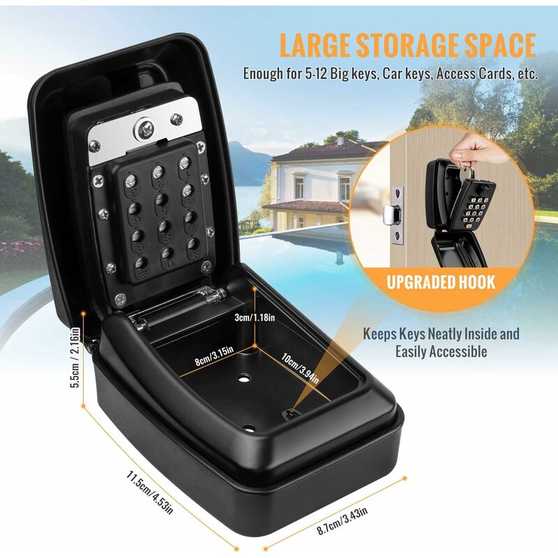 Outdoor Security Key Box, Large Wall Mounted Key Box With 12 Digit Code, Waterproof And Rustproof Security V1188-MS-227-0658
