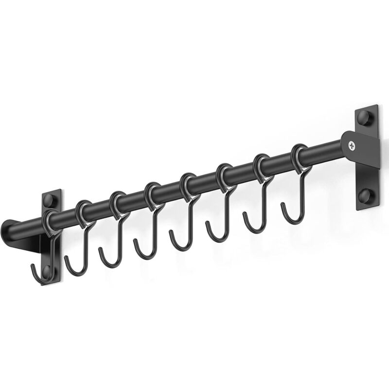 Wall Mounted Stainless Steel Utensil Holder With 8 Sliding Hooks For Kitchen And Bathroom (Black) V1188-MS-227-0710
