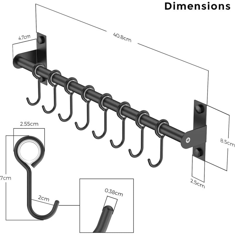 Wall Mounted Stainless Steel Utensil Holder With 8 Sliding Hooks For Kitchen And Bathroom (Black) V1188-MS-227-0710