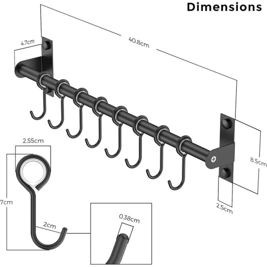 Wall Mounted Stainless Steel Utensil Holder With 8 Sliding Hooks For Kitchen And Bathroom (Black) V1188-MS-227-0710