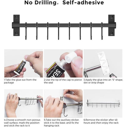Wall Mounted Stainless Steel Utensil Holder With 8 Sliding Hooks For Kitchen And Bathroom (Black) V1188-MS-227-0710