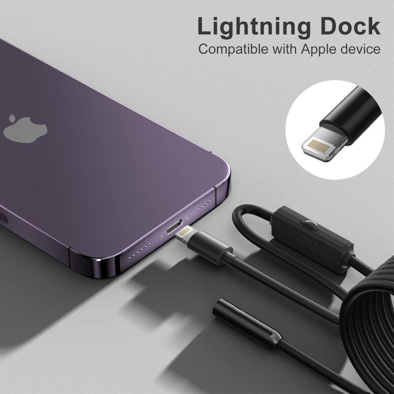Endoscope For Iphone, Inspection Camera With 7.9Mm Lens For Iphone&Ipad, 5M Semi-Rigid Cable Borescope Ip68 V1188-MS-227-0737