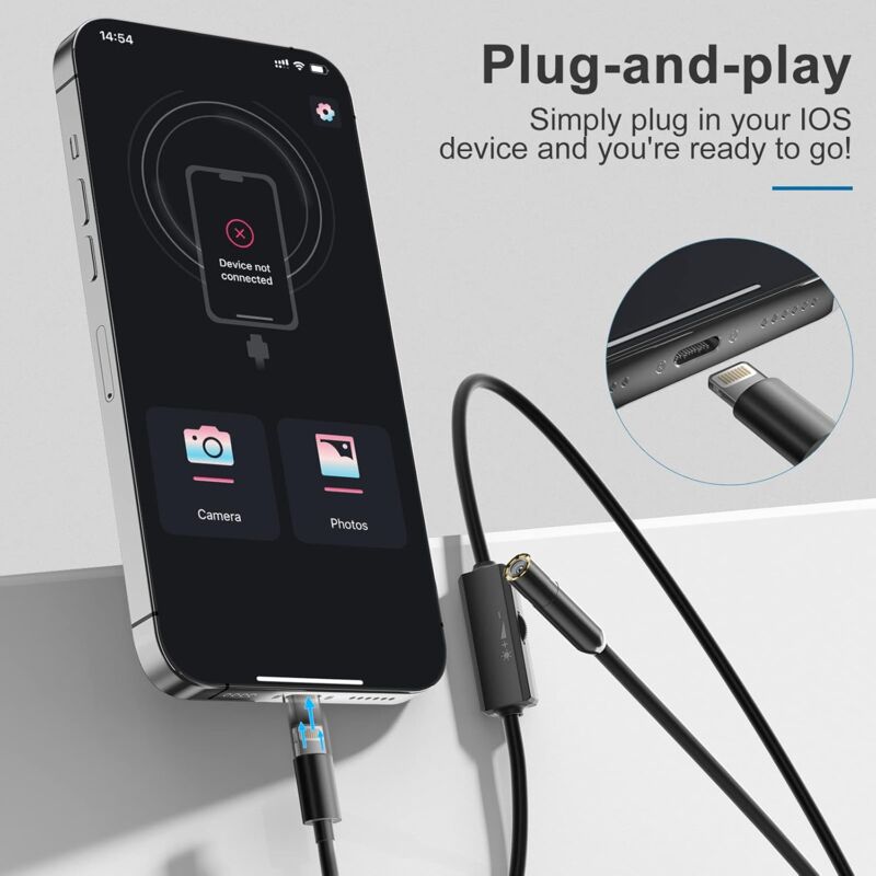 Endoscope For Iphone, Inspection Camera With 7.9Mm Lens For Iphone&Ipad, 5M Semi-Rigid Cable Borescope Ip68 V1188-MS-227-0737
