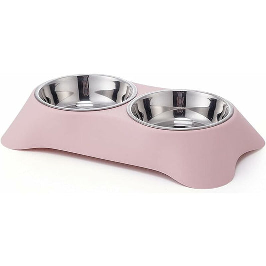 Double Dog Bowl, Non-Slip Stainless Steel Double Bowl With Spill Proof For Small Dogs And Cats (S, Pink) V1188-MS-227-0750